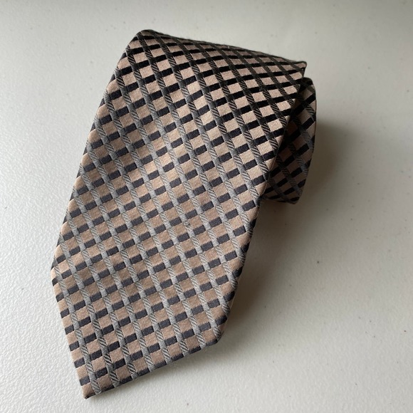 BCBG Attitude Men's Silk Tie, Brown, Gray, Black Grid Print - Picture 1 of 6